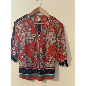 Anthropologie fig& Flower Red Floral Shirt PM Boho Cottage Multicolor Spring